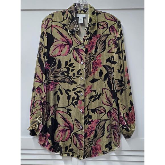 Soft Surroundings Velvet Green & Pink Floral Button Down Shirt-Sz M Glam-Mature - Picture 2 of 6
